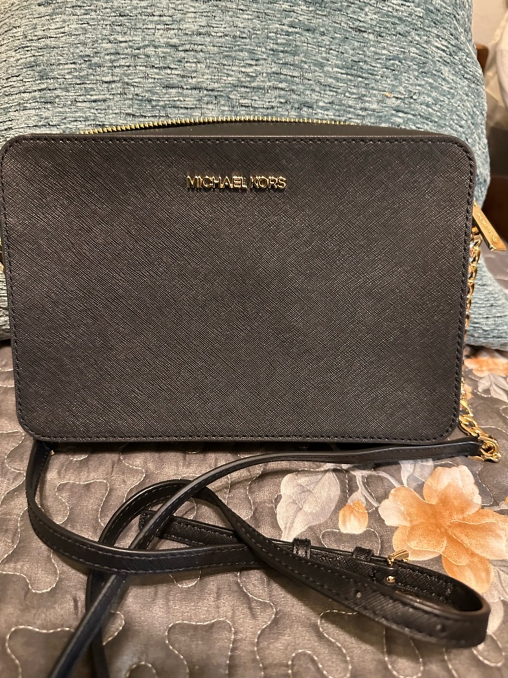 Michael Kors Black Saffiano Leather Crossbody with Gold Hardware